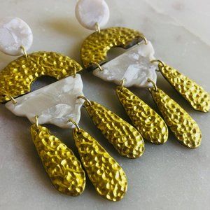Hammered Gold and White Marble Chandelier Earrings